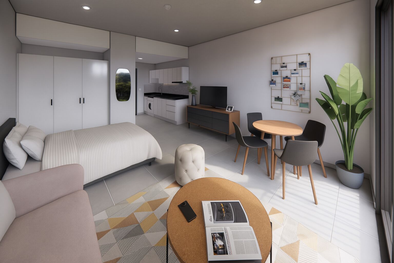 Render del monoambiente de 32 m² en Barrio Jara
