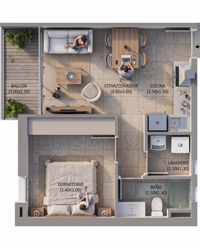 Plano del departamento de 1 dormitorio de 45 m² de Barrio Jara, con balcón, estar-comedor, cocina, lavadero, baño y dormitorio