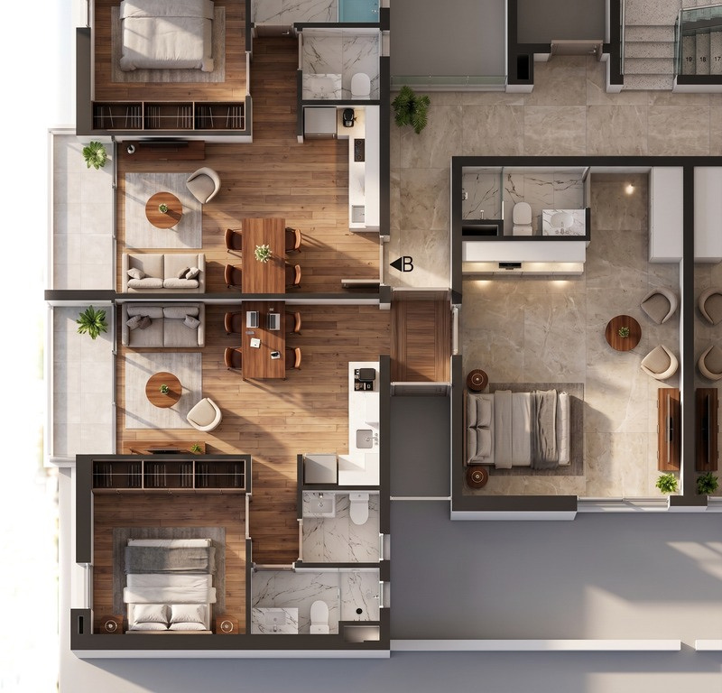 Plano del departamento de 2 dormitorios de 77 m² de Barrio Jara