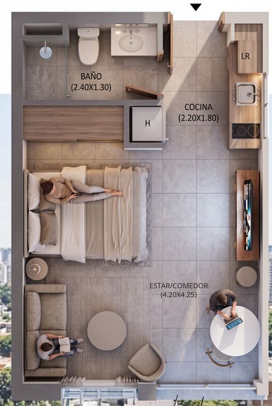 Plano del monoambiente de 32 m² de Barrio Jara, con baño, cocina y estar-comedor