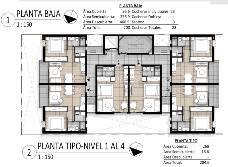 Planta baja y planta tipo de Barrio Jara, con las unidades de 1 dormitorio (A, B, C, D) y monoambiente (E, F)