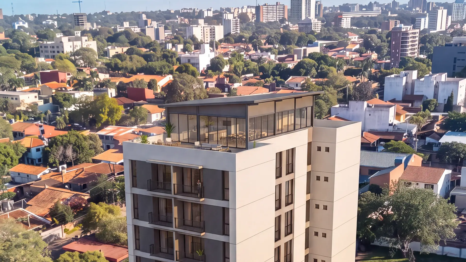 Render aéreo del edificio Barrio Jara