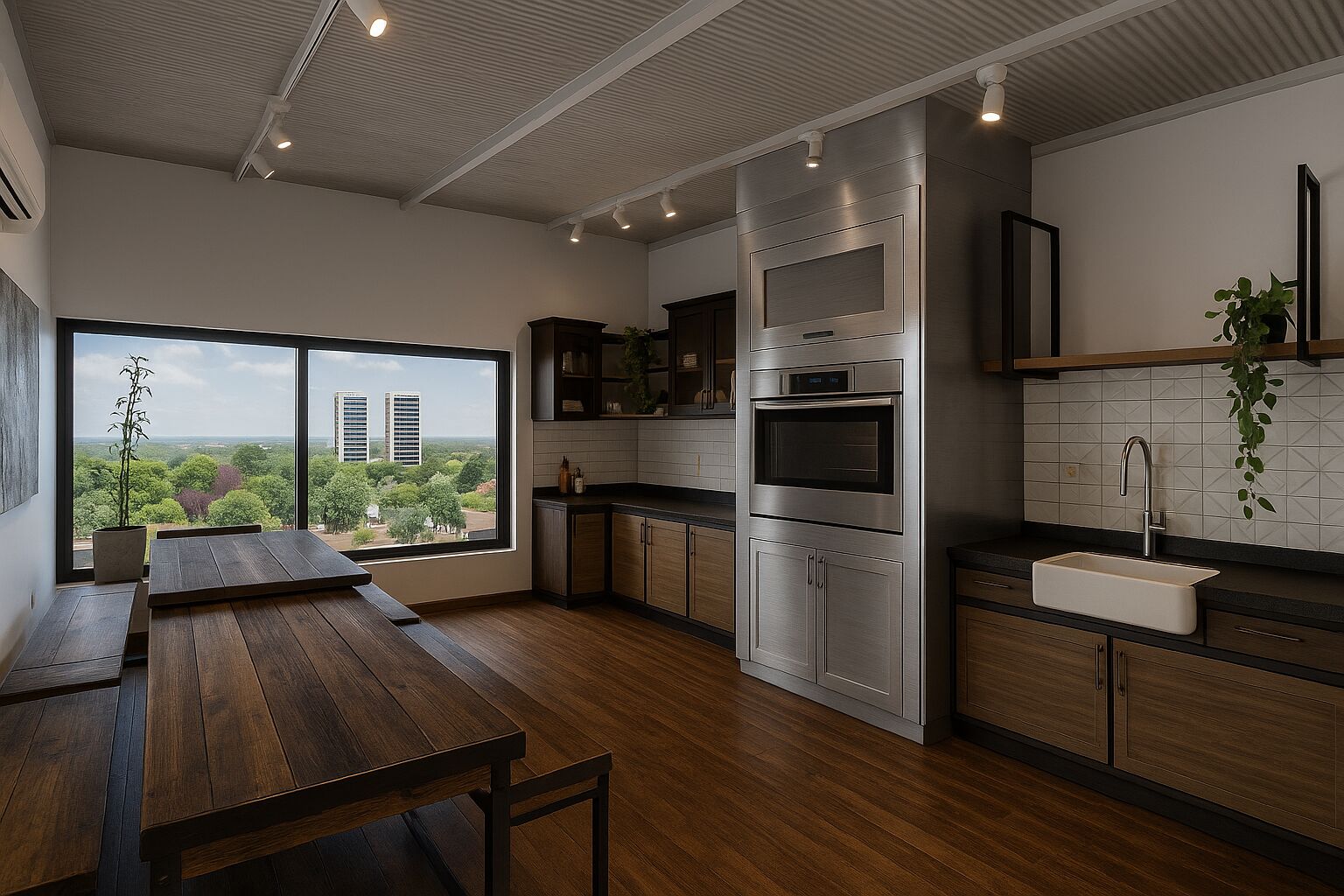 Render del salón con parrilla de Barrio Jara