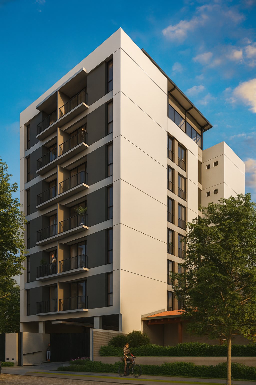 Render del edificio Barrio Jara al atardecer