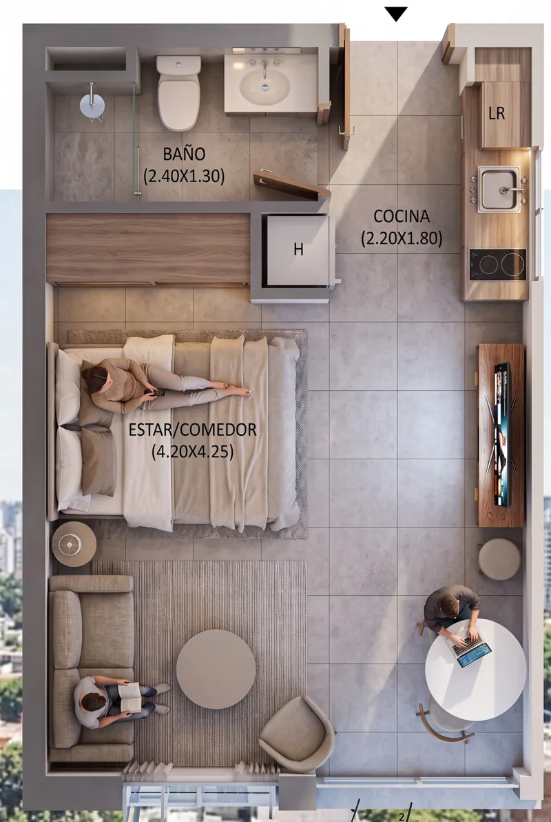 Plano del estudio de 32 m² con baño, cocina y estar-comedor