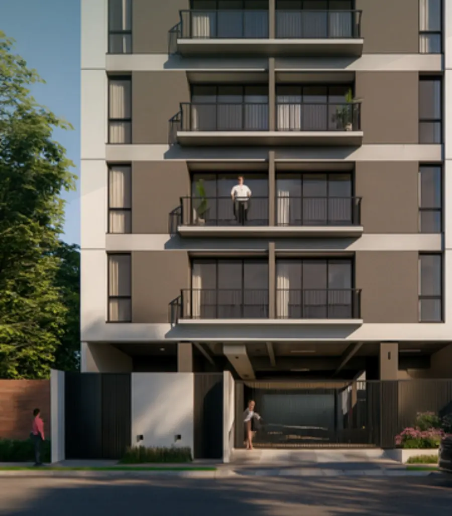 Render de la fachada del edificio Barrio Jara, con balcones en todos los pisos