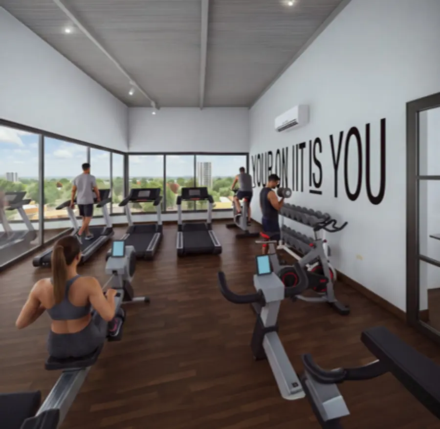 Render del gimnasio equipado con vista a la ciudad