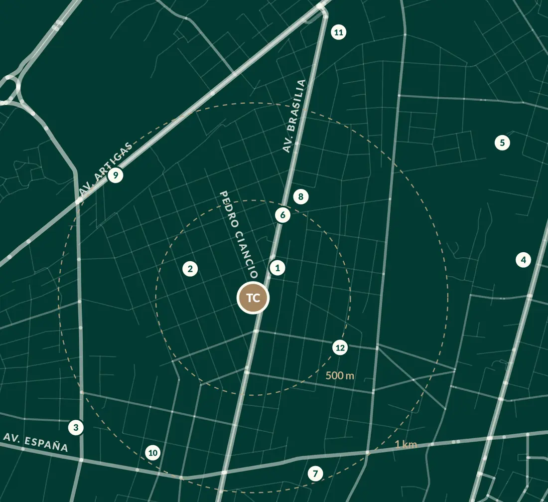 Mapa del entorno del proyecto con el edificio (TC) en el centro, círculos de 500 m y 1 km y doce puntos numerados: universidades, colegios, sanatorios, supermercados y cafés