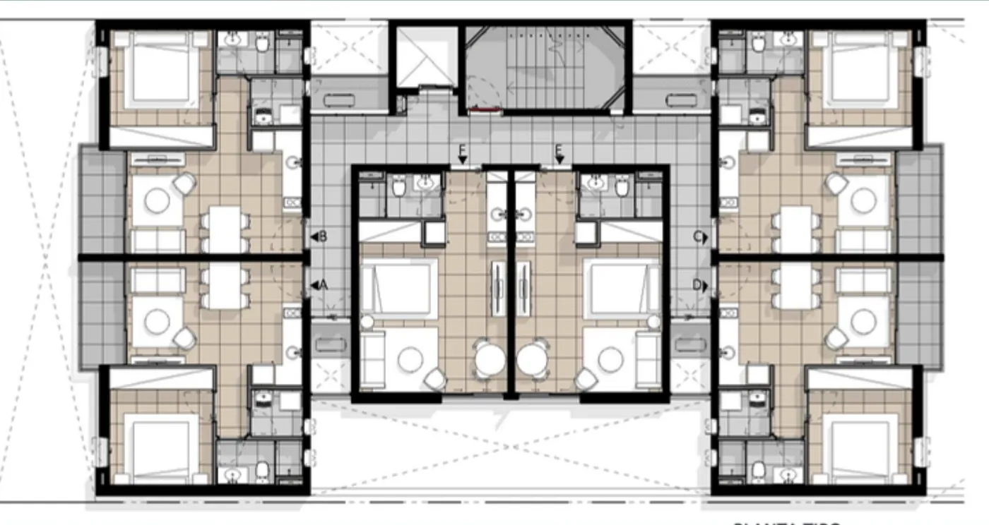 Planta tipo del edificio, con apartamentos de 1 dormitorio (A, B, C, D) y estudios (E, F)