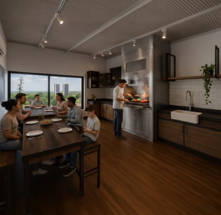 Render del salón multiuso climatizado con parrilla