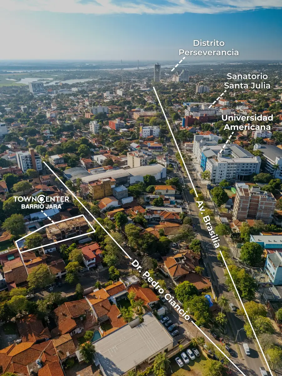 Vista aérea de Barrio Jara con la ubicación de Towncenter, la Av. Brasilia, la calle Pedro Ciancio, la Universidad Americana, el Sanatorio Santa Julia y el Distrito Perseverancia